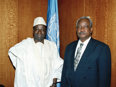 Amara Essy (left), of Cote d'Ivoire, with David Kpomakpor (right) at the UN. 07 October 1994 